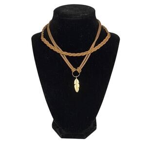 Layered Boho Choker Necklace Set Tan Braided Faux Leather Feather Pendant